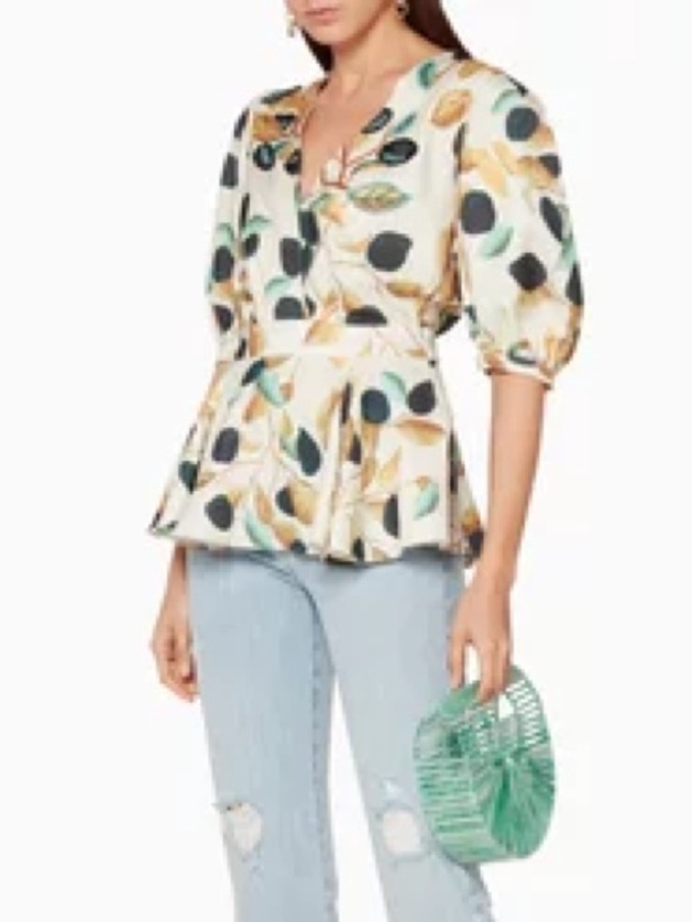 PATBO Printed‎ Plunge Neckline Blouse Size: M